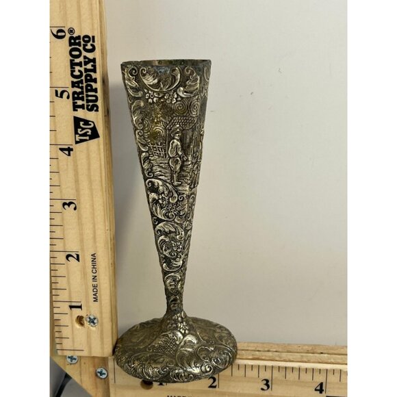Vintage Silverplate Dutch Scene Bud Vase Silver Trumpet Vase 5” Ornate Repousse